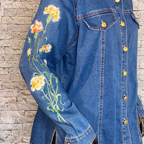 Bob Mackie Blue Denim Button Down Shirt with Floral Embroidery - Picture 5 of 8